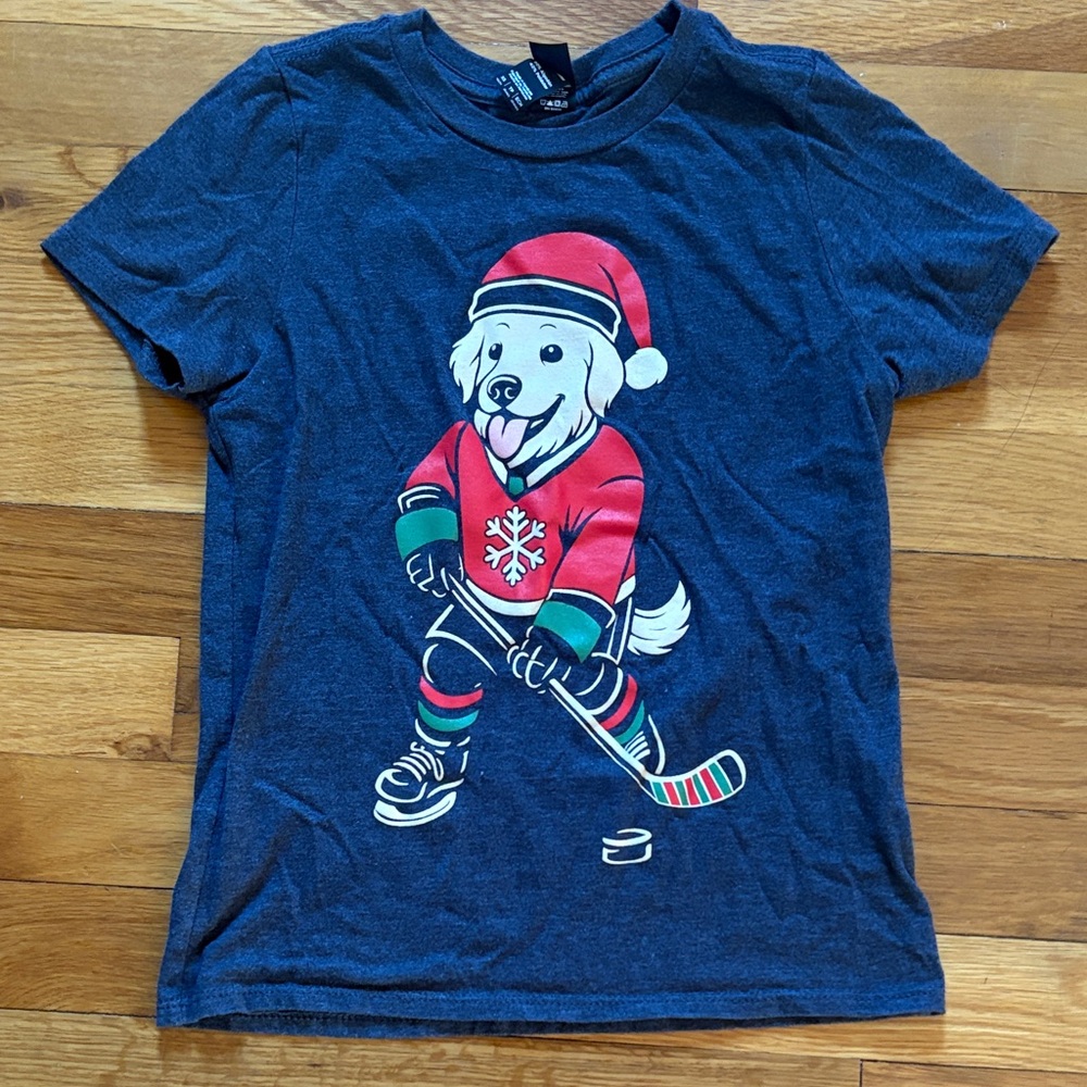 Kids Navy Graphic Holiday Hockey Dog Tee